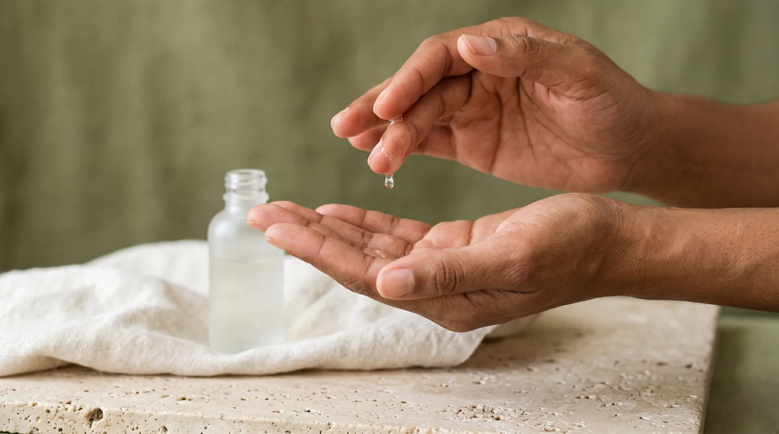Glutatyon serumunun avuç içine damlatıldığı günlük bakım anı